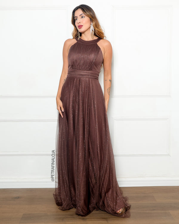 Vestido de Gola Tule Trabalhado da Petra Fina - MARROM