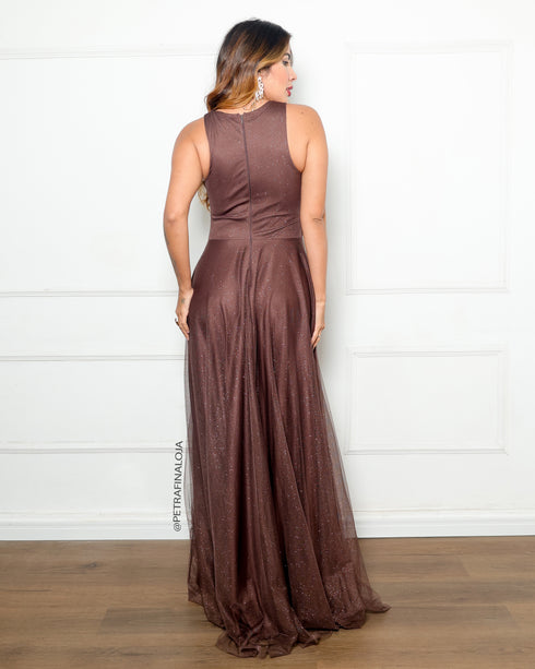 VESTIDO DE GOLA TULE TRABALHADO