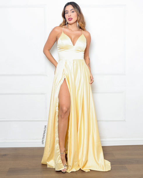 Vestido Alcinha com Decote Fenda Liso da Petra Fina - AMARELO