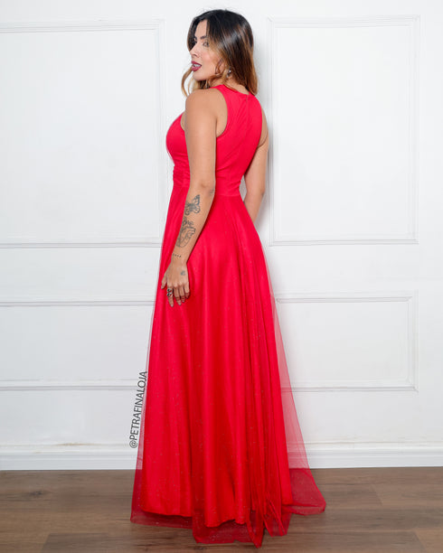 VESTIDO DE GOLA TULE TRABALHADO