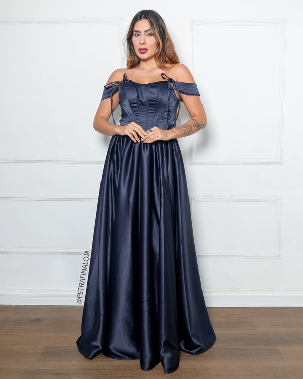 Vestido Acetinado Princesa da Petra Fina - AZUL MARINHO