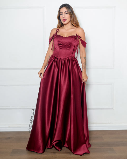 Vestido Acetinado Princesa da Petra Fina - MARSALA