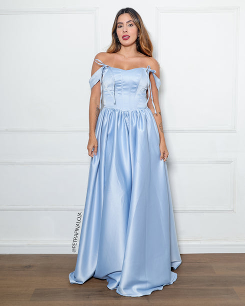 Vestido Acetinado Princesa da Petra Fina - AZUL SERENITY
