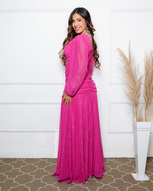 VESTIDO MANGA LONGA DRAPEADO TULE TRABALHADO