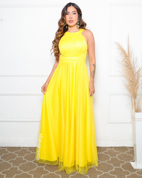 VESTIDO DE GOLA TULE TRABALHADO