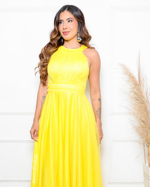 VESTIDO DE GOLA TULE TRABALHADO