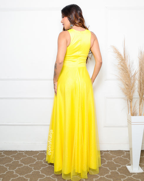 VESTIDO DE GOLA TULE TRABALHADO