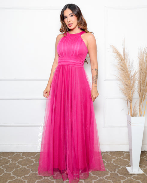 VESTIDO DE GOLA TULE TRABALHADO