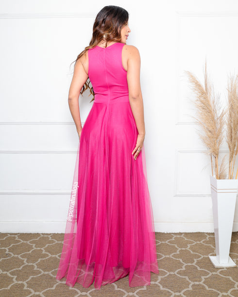 VESTIDO DE GOLA TULE TRABALHADO