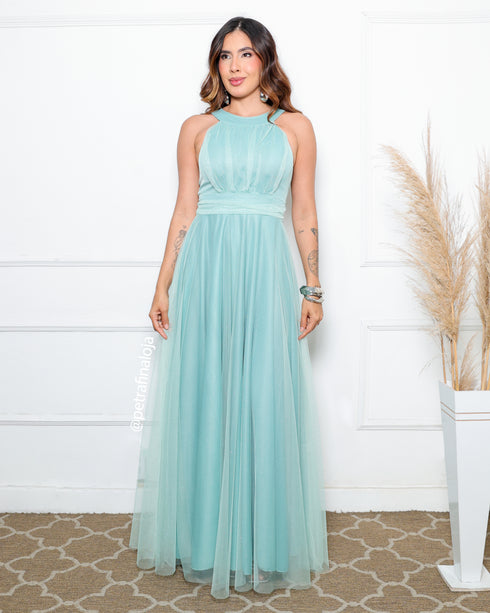 VESTIDO DE GOLA TULE TRABALHADO