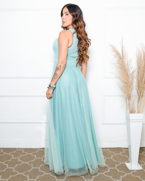 VESTIDO DE GOLA TULE TRABALHADO