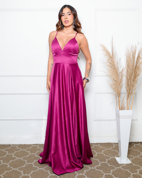 Vestido Alcinha com Decote Fenda Liso da Petra Fina - FUCSIA