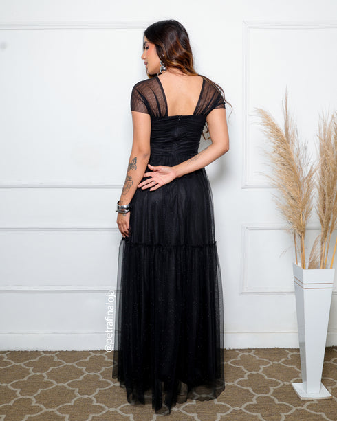 VESTIDO DECOTE TRIANGULO TULE BRILHANTE