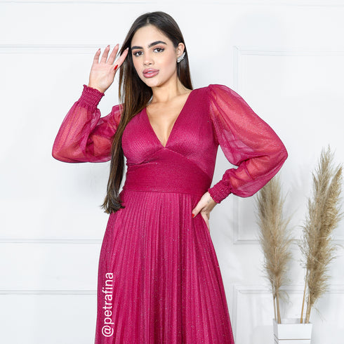 vestido manga longa plissado VESTIDO DE FESTA PETRA FINA