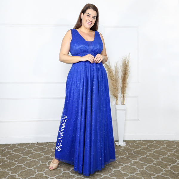 Vestido três listras plissado VESTIDO DE FESTA PETRA FINA AZUL ROYAL M