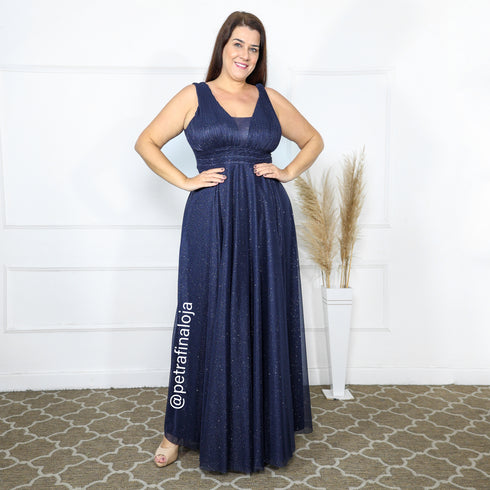 Vestido três listras plissado VESTIDO DE FESTA PETRA FINA AZUL MARINHO M