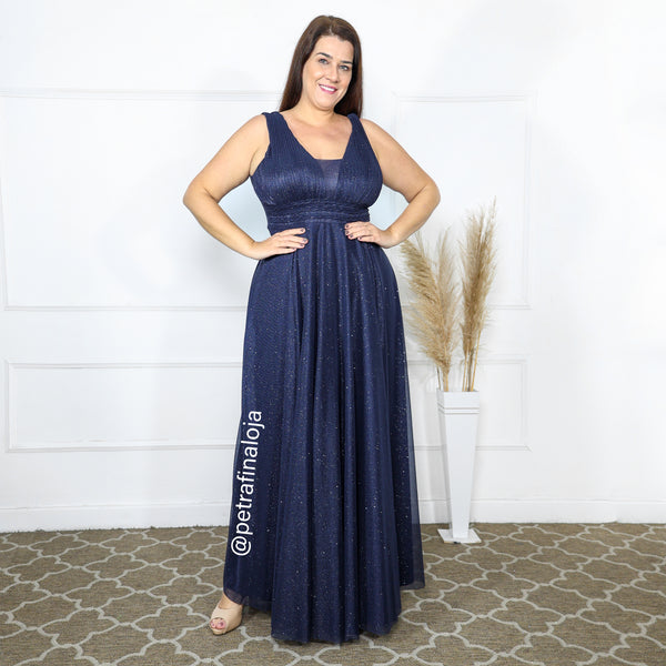 Vestido três listras plissado VESTIDO DE FESTA PETRA FINA AZUL MARINHO M
