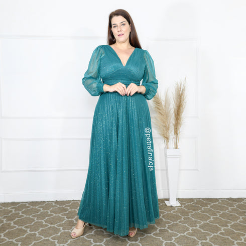 vestido manga longa plissado VESTIDO DE FESTA PETRA FINA