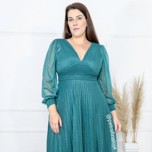 vestido manga longa plissado VESTIDO DE FESTA PETRA FINA