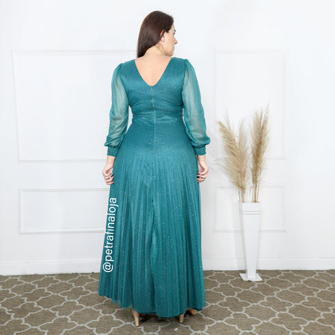 vestido manga longa plissado VESTIDO DE FESTA PETRA FINA