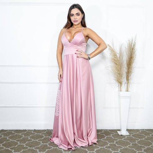 VESTIDO ALCINHA COM DECOTE FENDA LISO VESTIDO DE FESTA PETRA FINA ROSE P