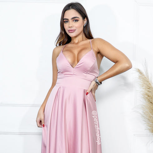 VESTIDO ALCINHA COM DECOTE FENDA LISO VESTIDO DE FESTA PETRA FINA