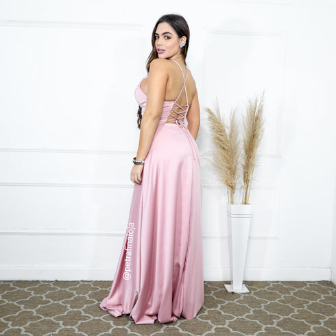 VESTIDO ALCINHA COM DECOTE FENDA LISO VESTIDO DE FESTA PETRA FINA