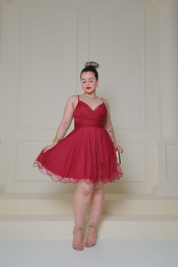 VESTIDO DECOTE CRUZADO DRAPEADO VESTIDO DE FESTA PETRA FINA MARSALA P