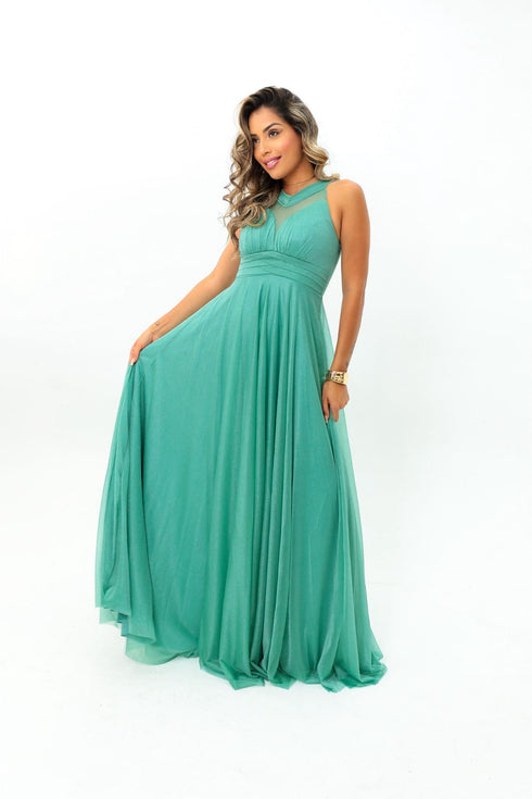 VESTIDO GOLA TRES LISTRAS TULE BRILHANTE VESTIDOS DE FESTA PETRA FINA