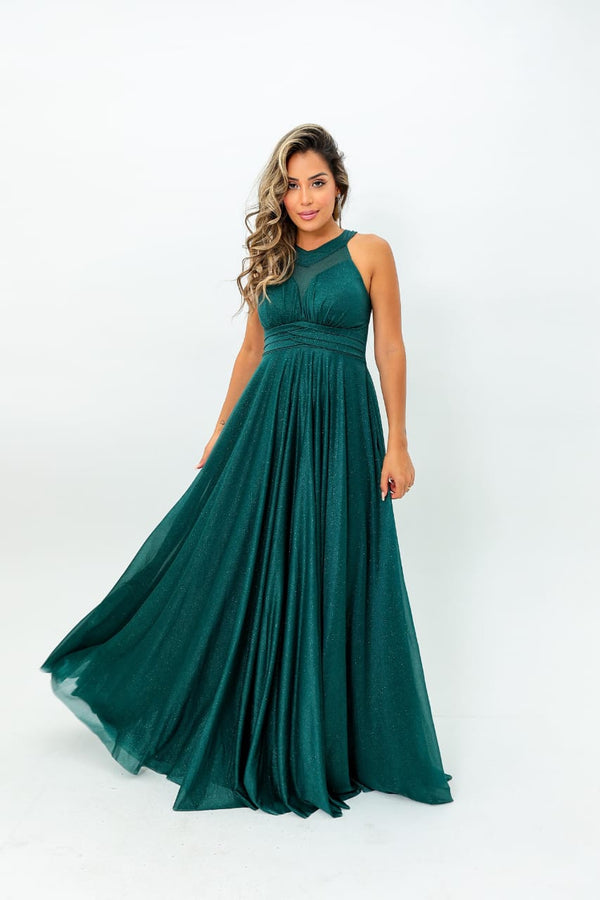 VESTIDO GOLA TRES LISTRAS TULE BRILHANTE VESTIDOS DE FESTA PETRA FINA