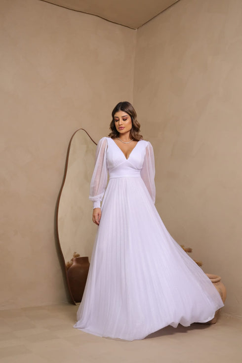 vestido manga longa plissado VESTIDO DE FESTA PETRA FINA