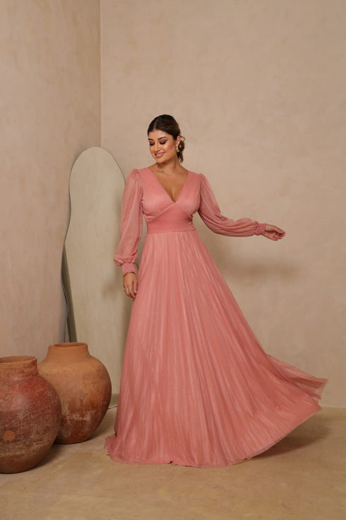 vestido manga longa plissado VESTIDO DE FESTA PETRA FINA ROSE M