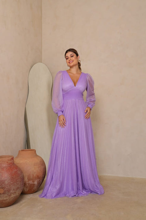 vestido manga longa plissado VESTIDO DE FESTA PETRA FINA LILAS M