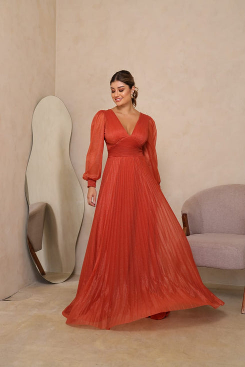vestido manga longa plissado VESTIDO DE FESTA PETRA FINA TERRACOTA M