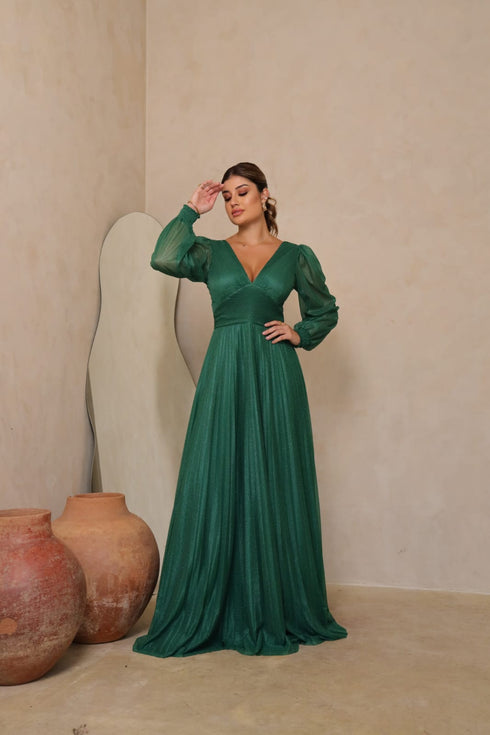 vestido manga longa plissado VESTIDO DE FESTA PETRA FINA