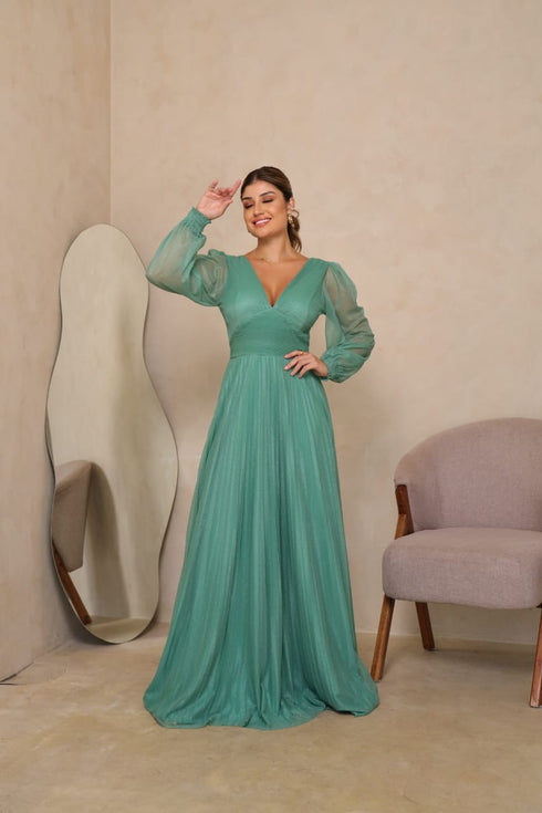 vestido manga longa plissado VESTIDO DE FESTA PETRA FINA VERDE M