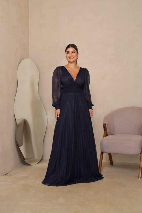 vestido manga longa plissado VESTIDO DE FESTA PETRA FINA