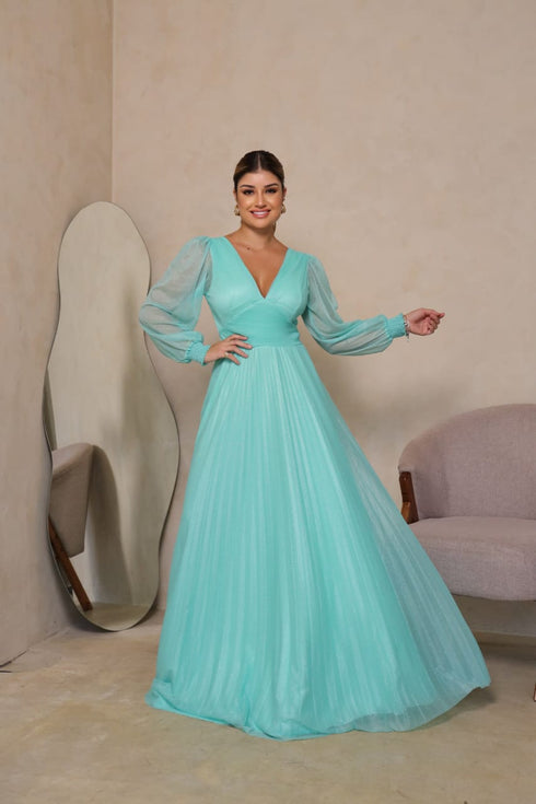 vestido manga longa plissado VESTIDO DE FESTA PETRA FINA VERDE TIFFANY G