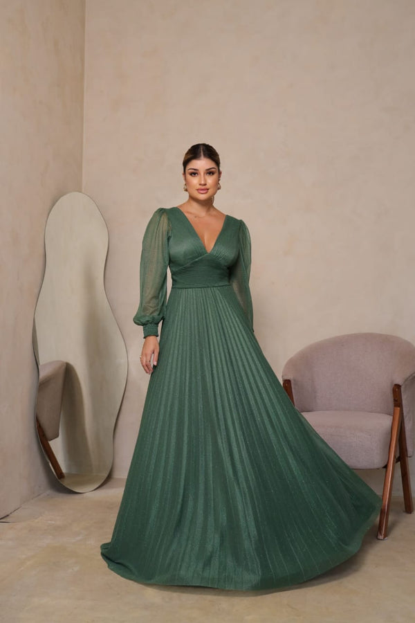 vestido manga longa plissado VESTIDO DE FESTA PETRA FINA VERDE OLIVA M