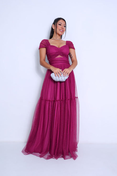 VESTIDO DECOTE TRIANGULO TULE BRILHANTE VESTIDO DE FESTA PETRA FINA FUCSIA P