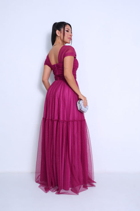 VESTIDO DECOTE TRIANGULO TULE BRILHANTE VESTIDO DE FESTA PETRA FINA