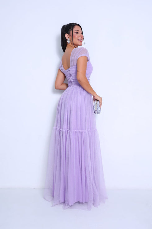 VESTIDO DECOTE TRIANGULO TULE BRILHANTE VESTIDO DE FESTA PETRA FINA