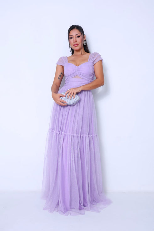 VESTIDO DECOTE TRIANGULO TULE BRILHANTE VESTIDO DE FESTA PETRA FINA LILAS P