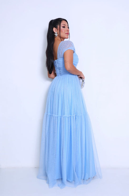 VESTIDO DECOTE TRIANGULO TULE BRILHANTE VESTIDO DE FESTA PETRA FINA AZUL SERENITY P