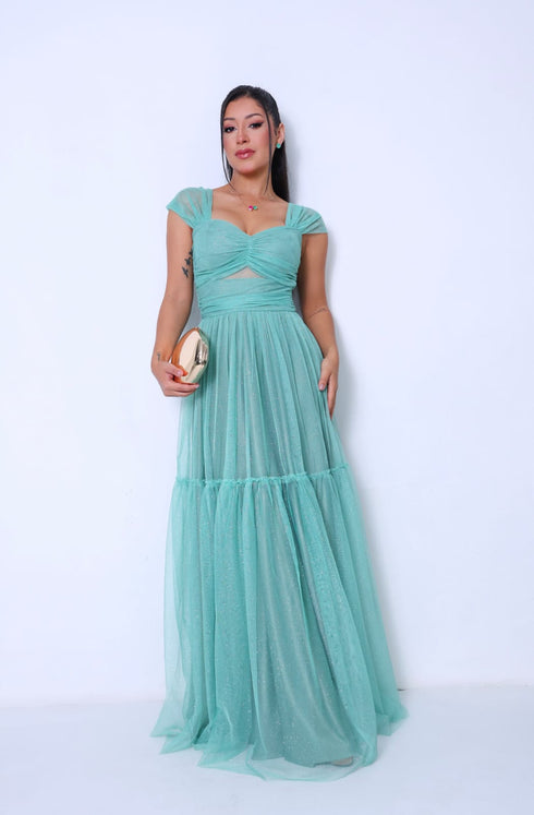 VESTIDO DECOTE TRIANGULO TULE BRILHANTE VESTIDO DE FESTA PETRA FINA VERDE P