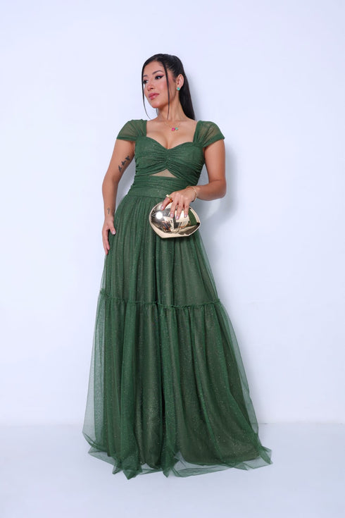 VESTIDO DECOTE TRIANGULO TULE BRILHANTE VESTIDO DE FESTA PETRA FINA