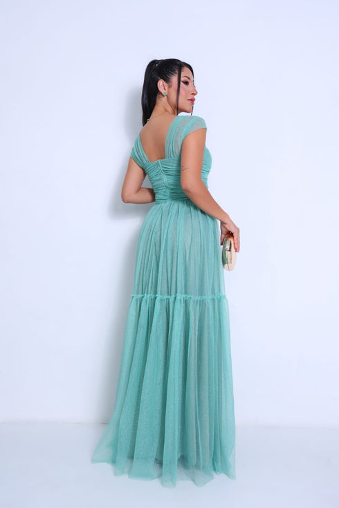 VESTIDO DECOTE TRIANGULO TULE BRILHANTE VESTIDO DE FESTA PETRA FINA