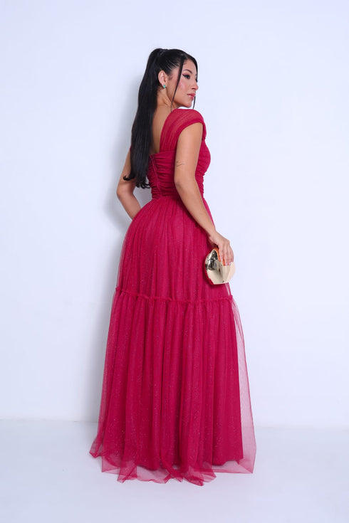 VESTIDO DECOTE TRIANGULO TULE BRILHANTE VESTIDO DE FESTA PETRA FINA