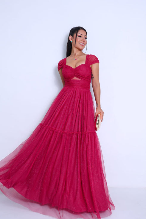 VESTIDO DECOTE TRIANGULO TULE BRILHANTE VESTIDO DE FESTA PETRA FINA