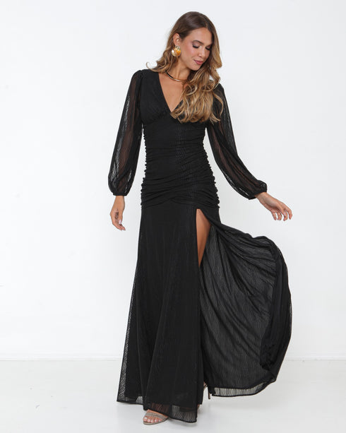 VESTIDO MANGA LONGA DRAPEADO TULE TRABALHADO PETRA FINA PRETO M